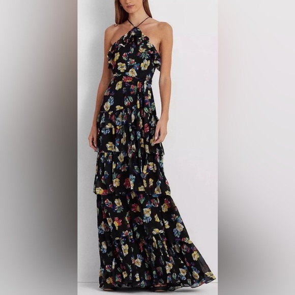 Lauren x Ralph Lauren $295 Dress Floral Georgette Halter Gown Maxi Dress - Picture 4 of 7